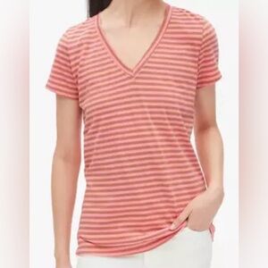 GAP Vintage Wash Pink and Brown Striped V-Neck T Shirt, Size XS